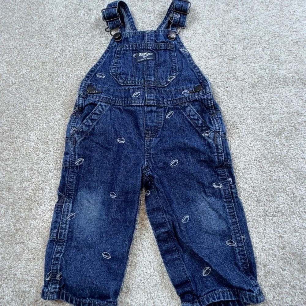 OshKosh B'gosh Baby Boy 9M Football Embroidered Denim Overalls Dark Wash Blue